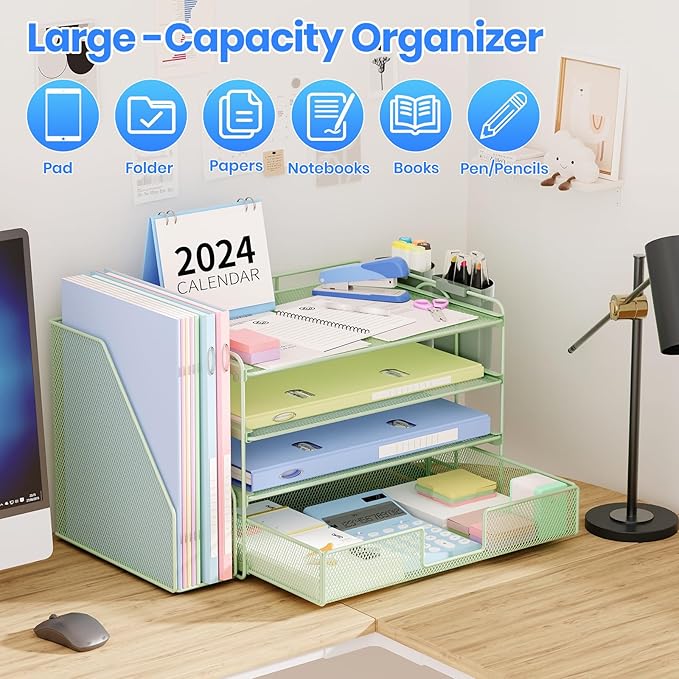 OPNICE Desk Organizer, 4-Tier Desktop File Organizer with Drawer and 2 Pen Holders, Office Desk Accessories, File Sorters, Workspace Organizers for Office Supplies(Green)