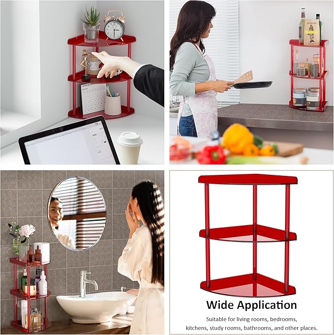 Sezanrpt 3 Tier Acrylic Corner Shelf Organizer Storage 9.5x9.5x15.7 Inch, Red Countertop Corner Shelf for Bathroom, Kitchen, Bedroom, Office, Study Room