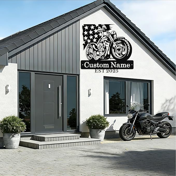 Custom US Flag Motorcycle Metal Signs Personalized Biker Name Sign Custom Garage Decor Motorbikes Wall Art Decor Motorcycle Sign Men Room Decorate Gifts for Men Husband Rider