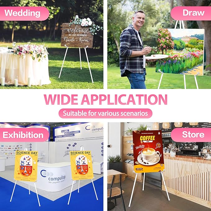 VAIIGO 63" White Easel Stand for Wedding Sign Poster Display Easel Folding Art Easel for Floor Adjustable Metal Easel Instant Tripod Easel for Display Painting Wedding Shower Sign Easel, 1Pack