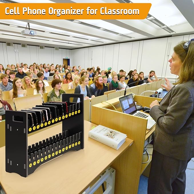 Ozzptuu Cell Phone Holder Classroom Cell Phone Storage 2-Tier Multiple Cell Phone Stand Rack with 1-30 Number Stickers PVC Board Mobile Phone Holder Desktop Organizer for Classroom (Black, 30 Slots)