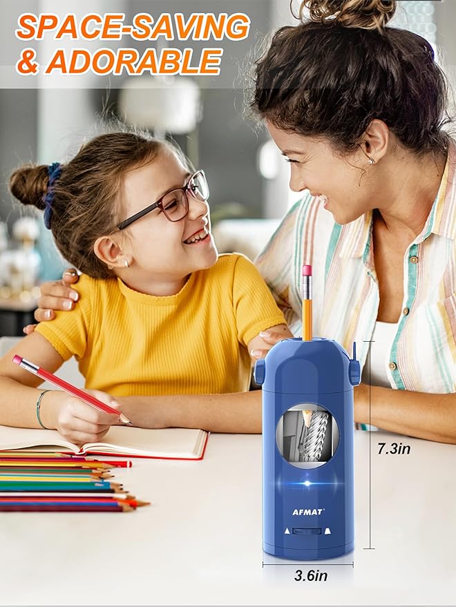 AFMAT Electric Pencil Sharpener, Fully Automatic Pencil Sharpener for 7-11.5mm Colored/Jumbo Pencils, Auto in & Out, Rechargeable Hands-Free Pencil Sharpeners for Classroom Home Office PSX5, Blue