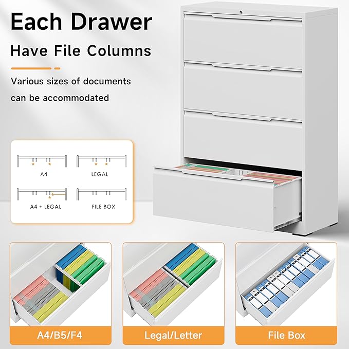 Bestoo 4-Drawer Lateral File Cabinet with Lock, Filing Cabinet for Home Office, Metal File Storage Cabinets, Fits File Folders, Letter/Legal/F4/A4 Sizes, Assembly Required (White)