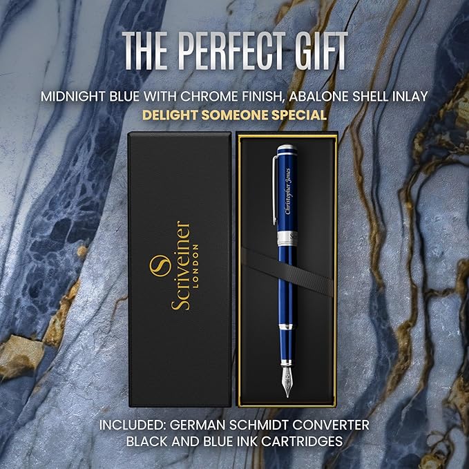 Scriveiner Personalized Midnight Blue Fountain Pen - Stunning Blue Lacquer Luxury Pen, Chrome Finish, German Schmidt Nib (Medium), Best Engraved Pen Gift Set for Men & Women, Name Engraving