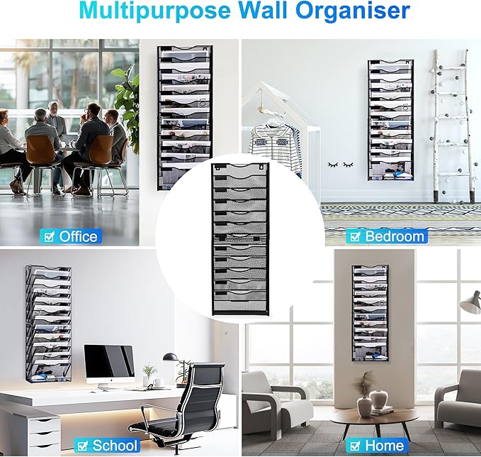 Solinxe 12-Tier Wall File Organizer, Mesh Mail Organizer Wall Mounted Paper Document Holder, Vertical Magazine Rack, Metal Hanging Clipboard Storage Basket for Office Home School Organization, Black