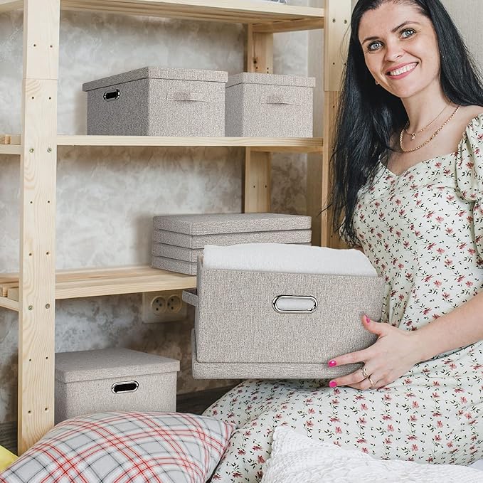 Graciadeco Medium 15" 21 Quart Collapsible Stackable Storage Bins with Lids, 3 Packs Beige Foldable Fabric Closet Boxes Heavy-duty Linen Cube Baskets Container for Bedroom Office (15 x 11 x 8)