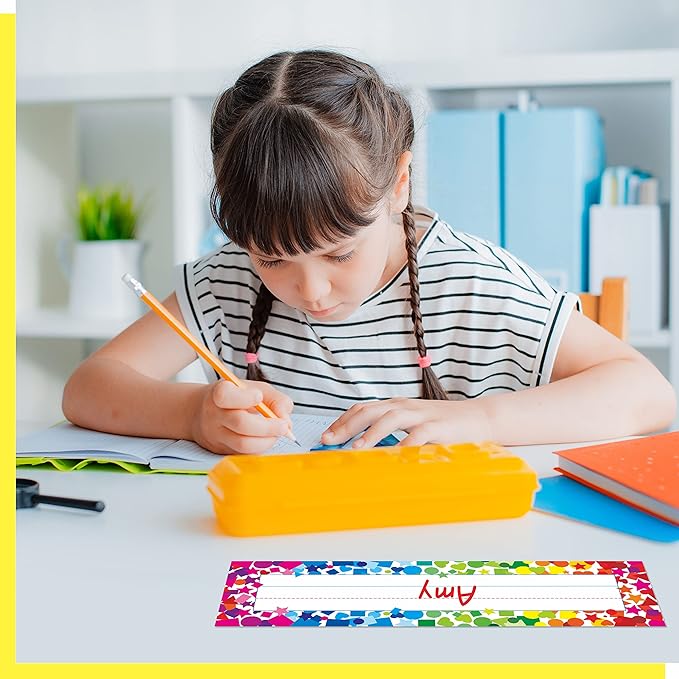40PCS Desk Nameplates, Double Sided PET Film Confetti Desk Name Tags Erasable & Reusable Traditional Manuscript Name Plate Classroom Decoration for School Student (10” x 2.8”)