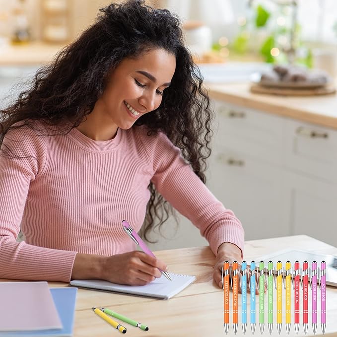 Zonon 12 Pcs Inspirational Pens Bulk Funny Ballpoint Pen with Stylus Tip Motivational Gifts for Valentine's Day Teacher Coworkers Nurse School Office Supplies(Macaron,Boss Lady)