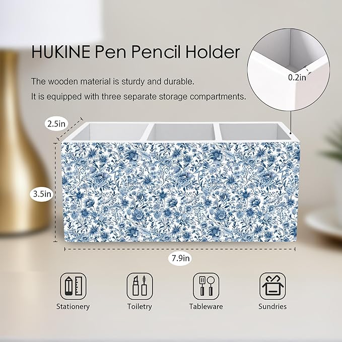HUKINE Blue and White Chinoiserie Floral Pen Holder for Desk Decoration, Vintage Blue Toile De Jouy Flower Wooden Box Sign Pencil Holder Organizer for Home Office Desk Accessories