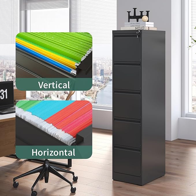 FLIXELIO 5 Drawer File Cabinet with Lock,Metal Vertical Filing Cabinets for Home Office,Heavy Duty File Storage Cabinet for Letter/Legal/A4/F4 Size File,Assembly Require (Black, Vertical 5 Drawer)