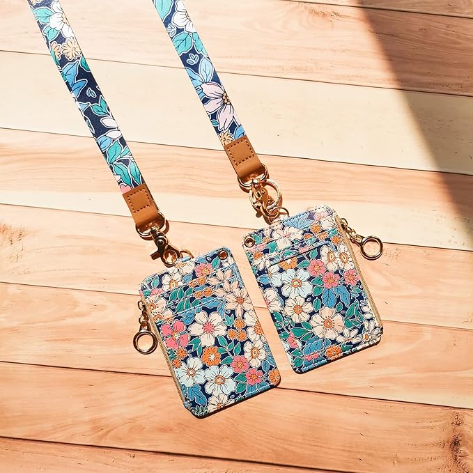 bolimoss Lanyard Wallet,Wallet Lanyard,lanyards for id Badges,lanyards for id Badges for Women,Lanyard Wallet for Women,Fashion Badge Holder with Zipper(Cartoon Floral)