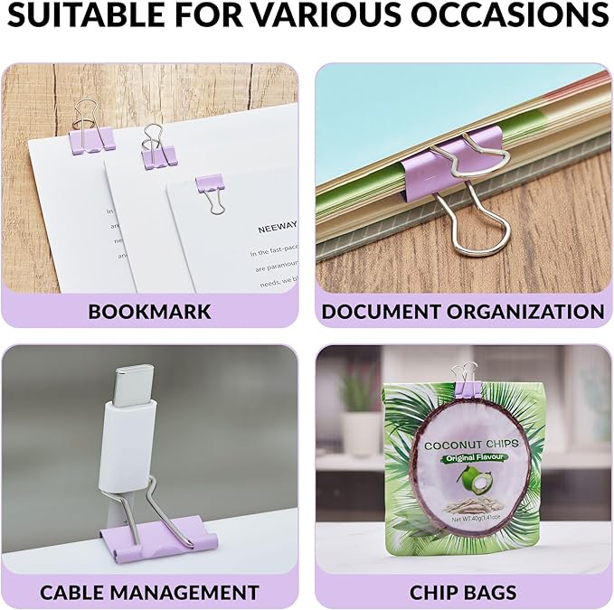 NEEWAY 100 Count Binder Clips Assorted Sizes, Paper Binder Clips (0.6inch 0.75inch 1inch), Metal Paper Clamps for Office and Home