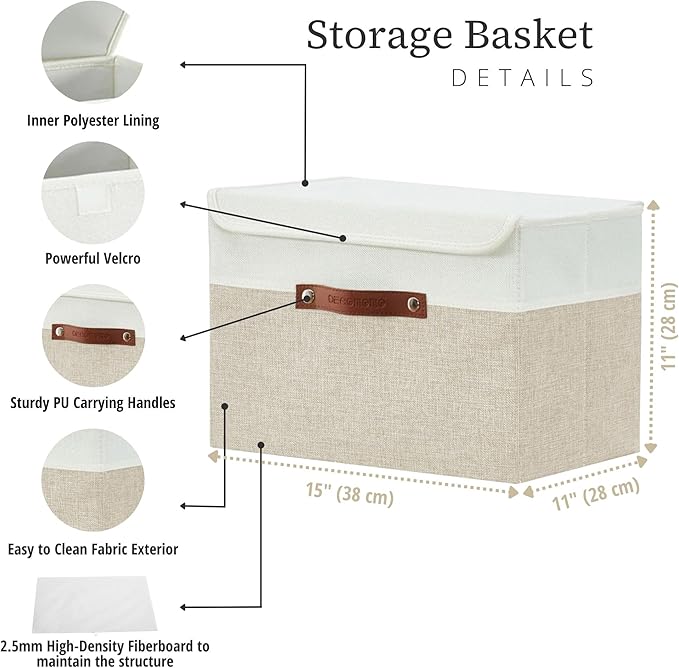 DECOMOMO Fabric Storage Bins with Lid, Storage Baskets for Shelves (Beige and White, 3 Pack)