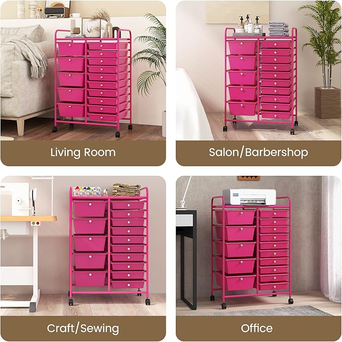 COSTWAY 15-Drawer Rolling Storage Cart, Mobile Utility Cart with Heavy-duty Frame & Lockable Wheels, Multipurpose Storage Organizer for Tools, Paper, Office, School, Hot Pink