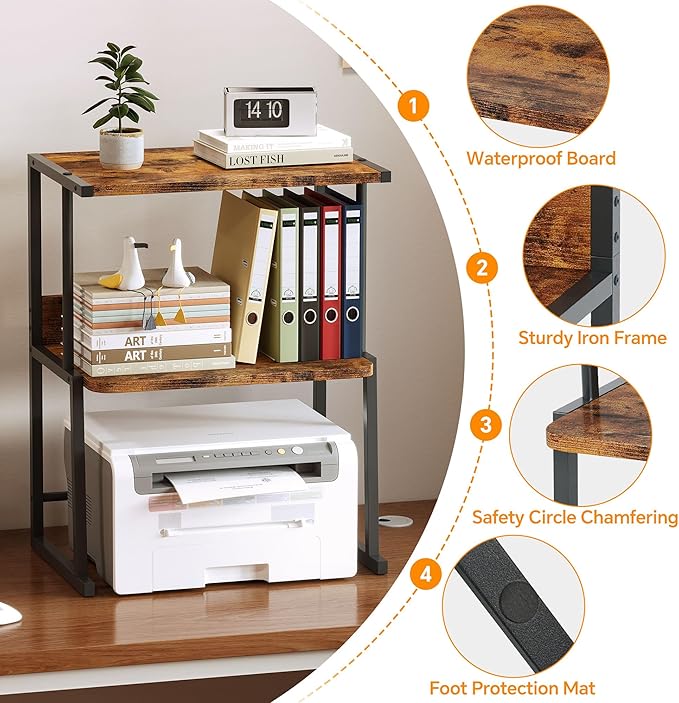 Homeiju Printer Stand for Desk with Storage, 3-Tier Shelves Organizer with Wood Top, Heavy Duty Metal Frame for Home Office, Holds Printer, Books, Supplies, Rustic Brown