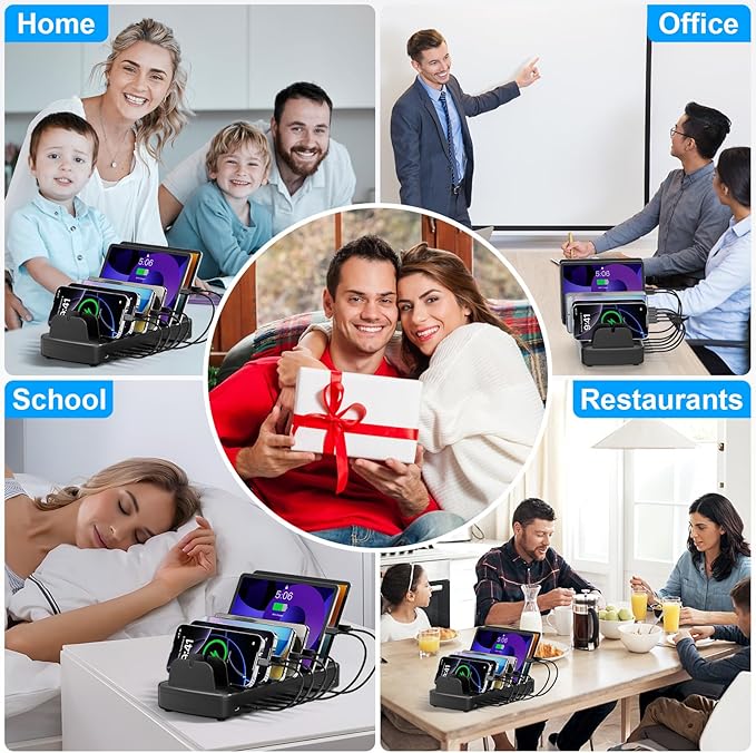 510W Fast Charging Station for Multiple Devices, 10 Port USB C Charger Station with Flame-Retardant Material & 8 Cables for iPhone, Android, iPad, Tablets, Family Office Desk Charging Dock Organizer