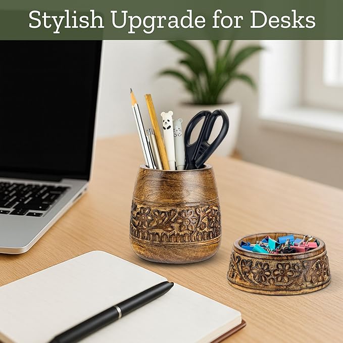 Mie Creations Wooden Desk Organizer Set of 2 Pen Holder, Paper Clip Storage, Office Desktop Table Decor, Floral Rustic Wood Pencil Cup & Paperclips Dispenser, Aesthetic Desk Accessories For Women, Men