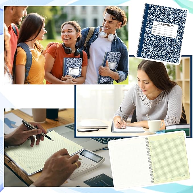 Affrolling 2 Pack Carbonless Lab Notebook Carbon Copy 8.5'' x 11'' 50 Set of Pages 100 Pages Total Laboratory Engineering Chemistry Computation Notebook Science Grid Total Coil Binding(Blue and White)