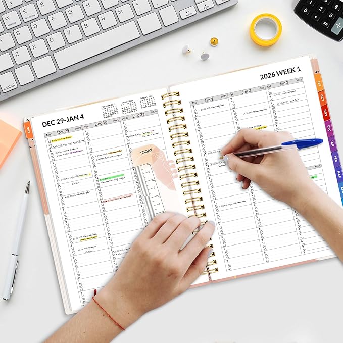 SUNEE 2026 Appointment Book, Quarter-Hourly, Weekly & Monthly - from January 2026 - December 2026, 6.4"x8.3" Weekly Planner, Flexible Cover, Note Pages, Pockets, Bookmark, Spiral Binding, Pink Breeze