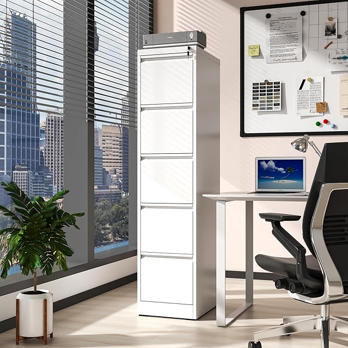 Reegangfa 5 Drawer File Cabinet with Lock, 18" D Metal Vertical Filing Cabinets, Steel File Storage Cabinets for Home Office, Hanging A4 Legal/Letter Size Narrow File Cabinet, Assembly Required