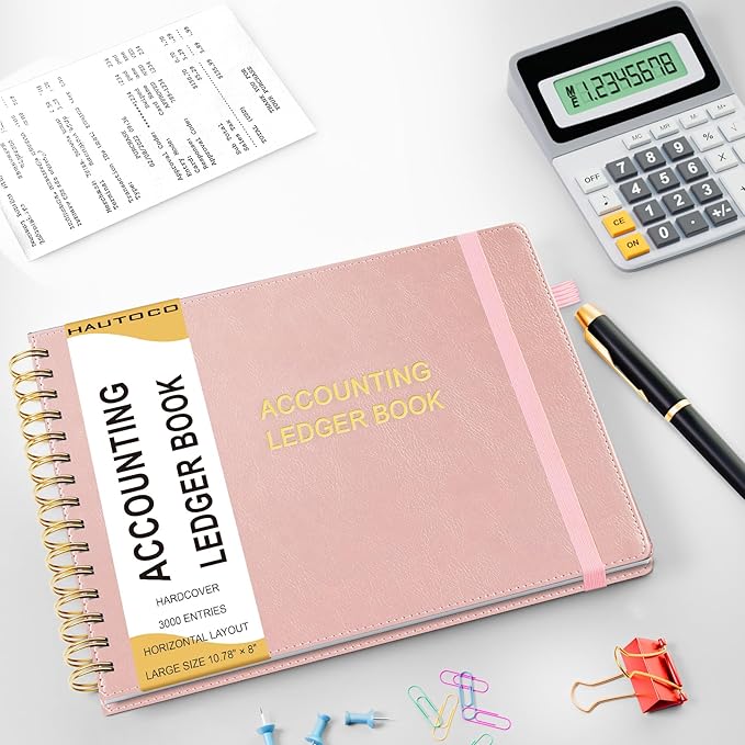 HAUTOCO Hardcover Accounting Ledger Book for Small Business Bookkeeping Horizontal Money Expense Tracker Notebook with 2 Storage Pouch, Personal Columnar Log Journal 10.78 x 8'', Rose Gold