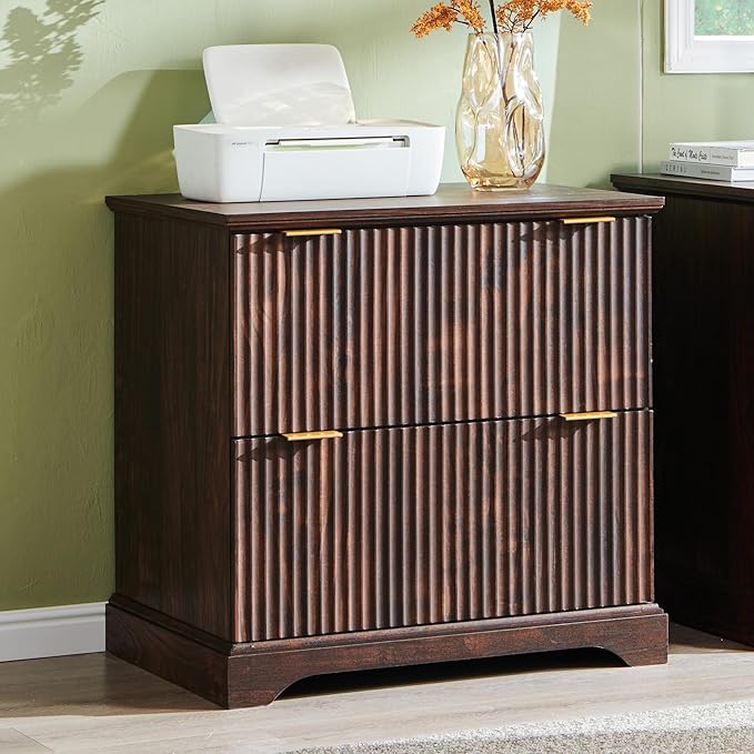 JXQTLINGMU 2 Drawer File Cabinet with Charging Station, 30" Fluted Lateral File Cabinet w/Files Hanging Rod for Letter/Legal/A4, Large Tabletop for Printer, Office Wood Printer Cabinets, Dark Walnut