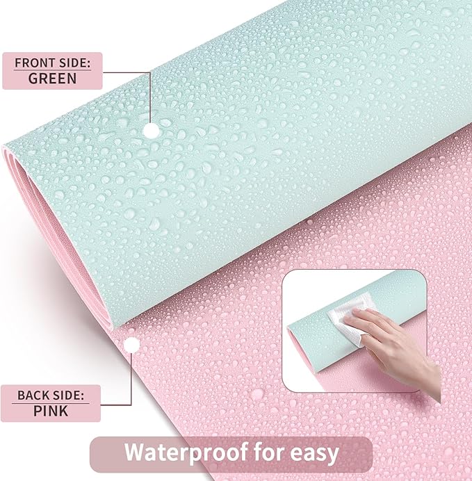 KINGFOM Desk Pad Office Desktop Protecter, PU Leather Desk Mat Blotters Organizer with Comfortable Writing Surface (47.2" x 23.6", Light Green+Pink)