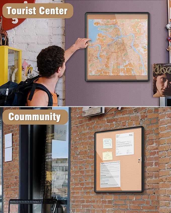 Mifuro 28"x26" Enclosed Bulletin Board, Lockable Weather-Resistant Aluminum Cork Noticeboard for School & Office, Black Frame w/Cork