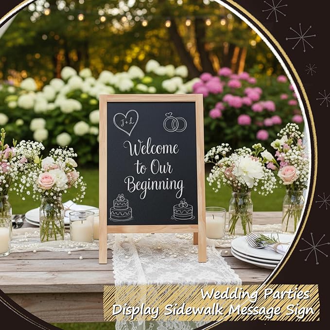 Henoyso 2 Pcs 16" x 10" Small Chalkboard Easel Tabletop Chalkboard Signs Menu Wooden A Frame Sandwich Board for Table, Double Sided with 2 Erasers for Bar Parties Display Home Decor(Wooden)