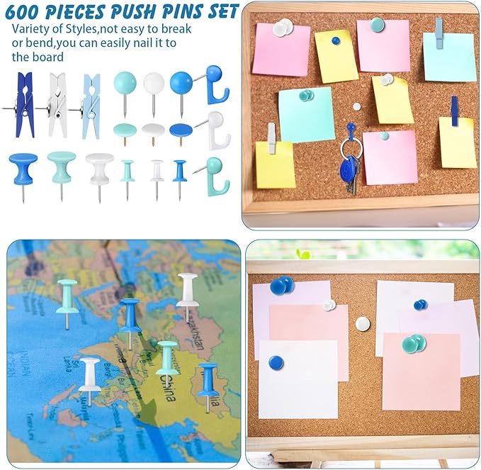600 Pcs Decorative Push Pins, White Blue Thumb Tacks 6 Types Cute Push Pin Clips for Bulletin Board Wall Cork Board Colorful Classroom Decor Teacher Must Haves Supplies School Crafts Project