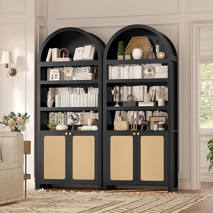 81" Tall Arched Cabinets,Bookcase with storage,Mid-Century Modern 6-Tier Bookshelf with Door,2 Book Risers and Adjustable Shelves offering more storage space for Living Room,Home Office,Black+Oak