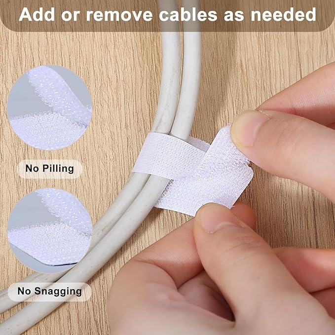 100 Pcs Hook and Loop Cable Straps, Under Desk Cord Management Self Adhesive Cable Ties Adjustable Cord Organizer for Desk Home Office Organization (White)