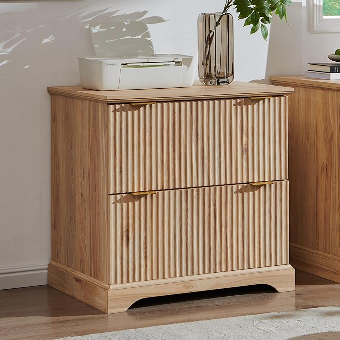 JXQTLINGMU 2 Drawer File Cabinet with Charging Station, 30" Fluted Lateral File Cabinet w/Files Hanging Rod for Letter/Legal/A4, Large Tabletop for Printer, Office Wood Printer Cabinets, Oak
