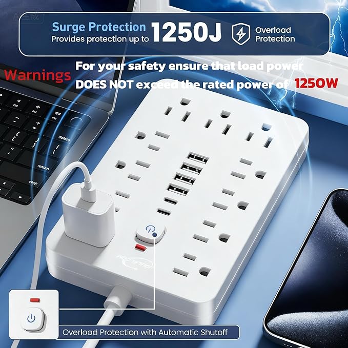 JouleLoom 10 FT Flat Plug Surge Protector Power Strip,11 Multiple AC Outlets with 6 USB Ports (2 USB C), 6 Feet Extension Cord, 1250W/10A, One Touch Switch Button, White