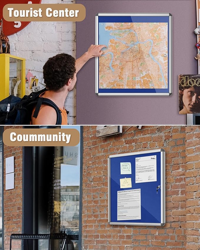 Mifuro 28"x26" Enclosed Bulletin Board, Lockable Weather-Resistant Aluminum Cork Noticeboard for School & Office, Silver Frame w/Blue Flet