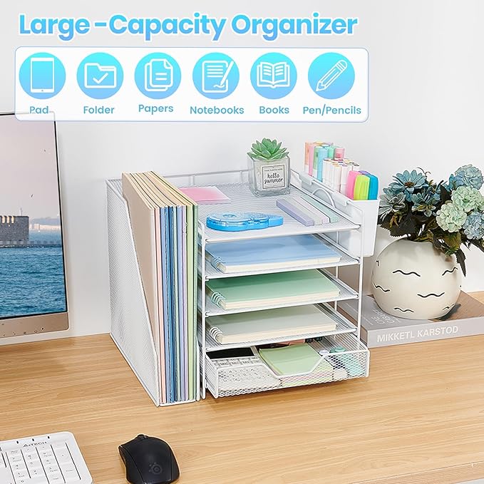 Gugsey Desk Organizer, 5-Tier Paper Letter Tray Organizer with File Holder, Drawer and Pen Holder, Desktop Organizer for Office Supplies, White
