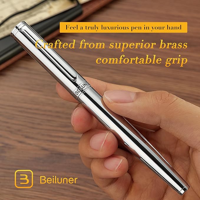 BEILUNER Silver Fountain Pen,Stunning Luxury Pens with Bright Silver Chrome, Gorgeous 24K Gilded Nib(Medium), Fancy Pen Gift for Men&Women -Ink Converter-Elegant, Office,Nice Pen for Writing