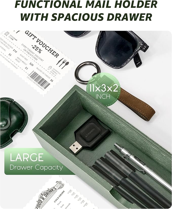 Rebee Vision Pine Wood Mail and Key Organizer for Wall – Farmhouse Mail Organizer Wall Mounted with 7 Sturdy Hooks & Drawer Storage – Apartment Essentials for Stylish Home Decor (Green)