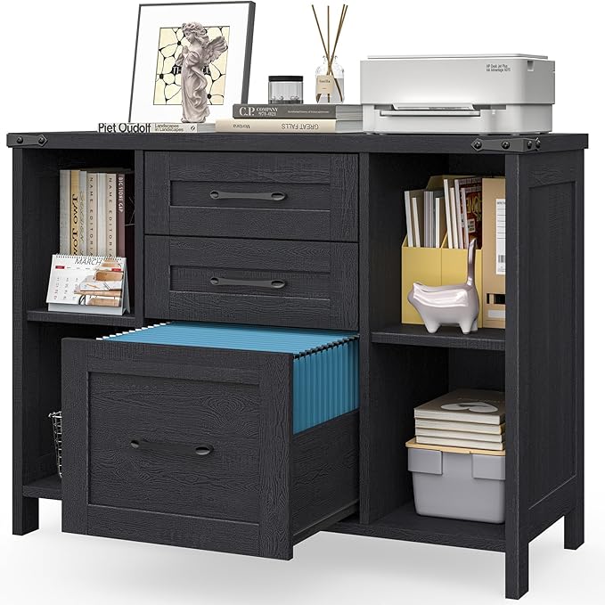 Vabches File Cabinet with 3 Drawers, Farmhouse Lateral File Cabinet Fits Files Letter/A4 Size, Wooden Filing Cabinet with Adjustable Shelves Printer Stand for Home Office, Black