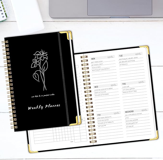Undated Weekly Planner with Metal Corner Hardcover Notebook , A5 Size Journal with To Do List Planner, Habit Tracker,Weekly Goals for ADHD,Student, Office, Women, Men ,Gifts,6 x 8 inches,Spiral Bindding ,Black