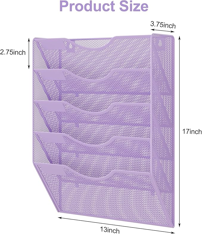 EasyPAG 5 Pocket Mesh Wall File Organizer, Hanging Paper Folder Holder with Classify Label, Vertical Wall Mount Mail Organizer for Office Home Classroom, Purple