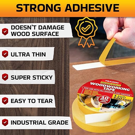 Trazon Double Sided Woodworking Tape Super Strong, 10 Pack, 1 Inch x 120 Feet, Wood Crafter Sticky Tool, Two Side Adhesive for Router Templates and CNC Machine, Removable & Residue Free