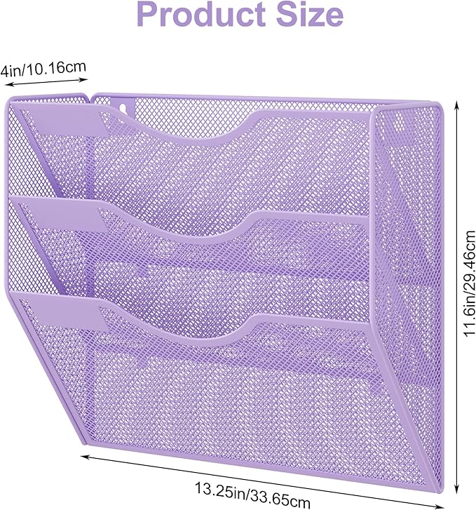 EasyPAG 3 Pocket Mesh Wall File Organizer, Hanging Paper Folder Holder with Classify Label, Vertical Wall Mount Mail Organizer for Office Home Classroom, Purple