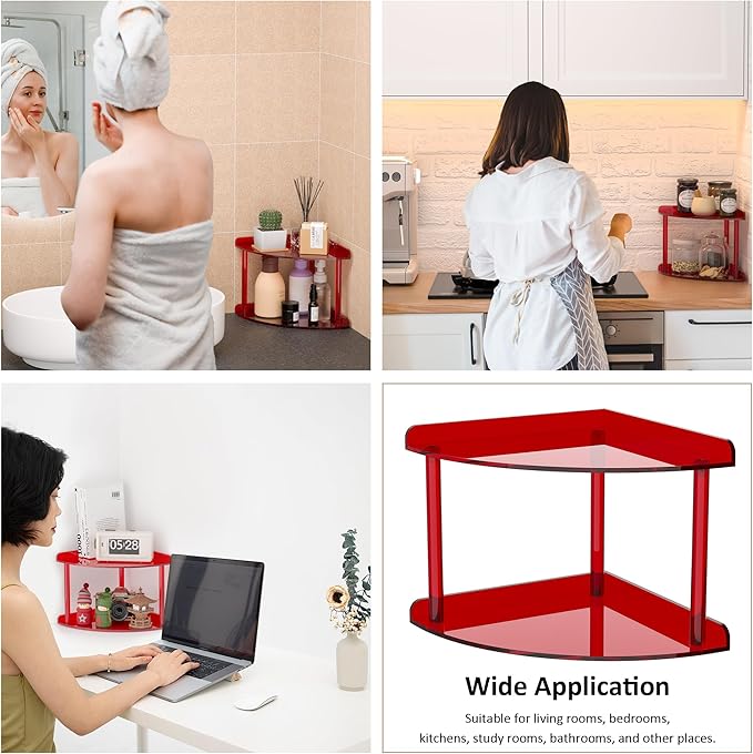 Sezanrpt 2 Tier Acrylic Corner Shelf Organizer Storage 9.5x9.5x8 Inch, Red Countertop Corner Shelf for Bathroom, Kitchen, Bedroom, Office, Study Room