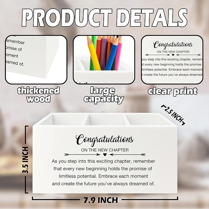 XPH Congratulations Gift Pen Pencil Holder Organizer for Desk, Graduation Gifts, New Job Gifts, Congratulations on the New Chapter Wooden Box Sign for Home Office Desk Tabletop Decorations