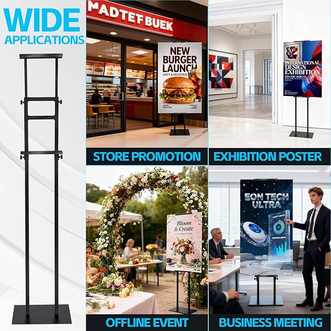 Noliven 4 PCS Adjustable Poster Stand, 43"-83" Adjustable Metal Sign Holder for Display, Double-Sided Freestanding Pedestal Sign Stand, for Restaurants, Parties, Cinemas and Outdoor, Black