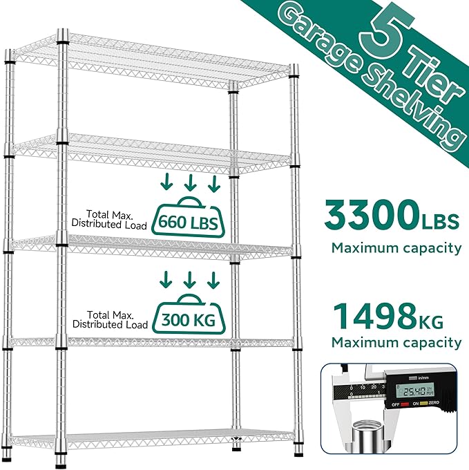 M MZG 5 Tiers Shelf Metal Storage Shelves 3300 lbs Steel Storage Shelving Utility Shelving Unit Steel Organizer Wire Rack for Home,Kitchen,Office,Garage Chrome 17.7" D x 47.2" W x 70.3" H
