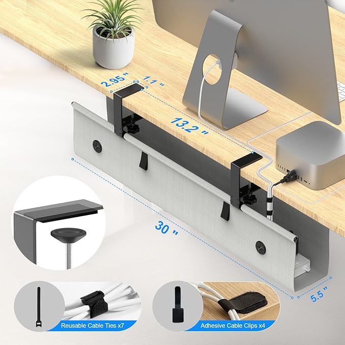 KIGJU Under Desk Cable Management Tray, 30-inch No-Drill Cord Organizer with Anti-Sag Reinforced Base, Fabric Wire Management Hider for Standing Desk, Office & Gaming Accessories - Grey