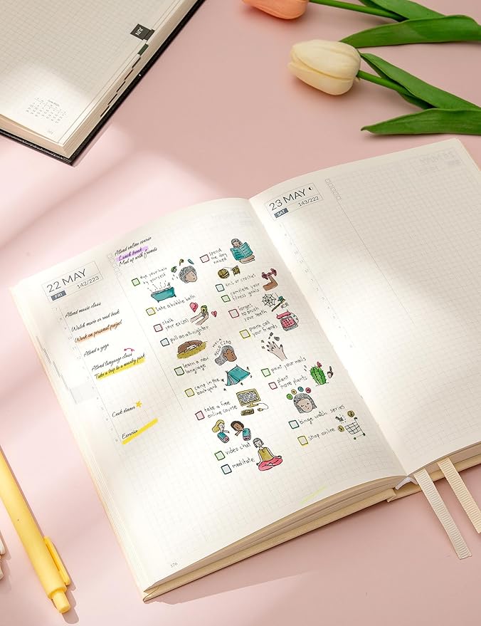 SUNEE 2026 Daily Planner A5 Hardcover – Hourly Schedule Organizer with Monthly Tabs & Task Tracker – Beige Cover Time Management Notebook for Work, School, Personal Goals