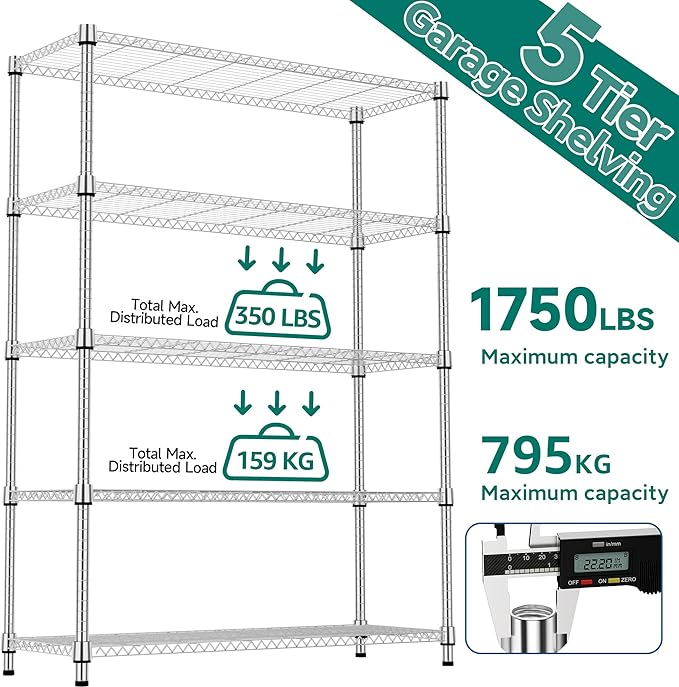 M MZG 5 Tiers Shelf 1750 lbs Steel Storage Shelving Utility Shelving Unit Steel Organizer Wire Rack for Home,Kitchen,Office,Garage Chrome 17.7" D x 47.2" W x 72.4" H